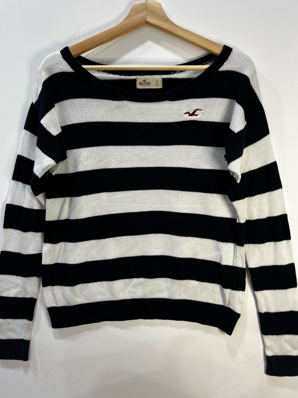 Hollister Navy & White Striped Wide Neck Sweater with Red Seagull